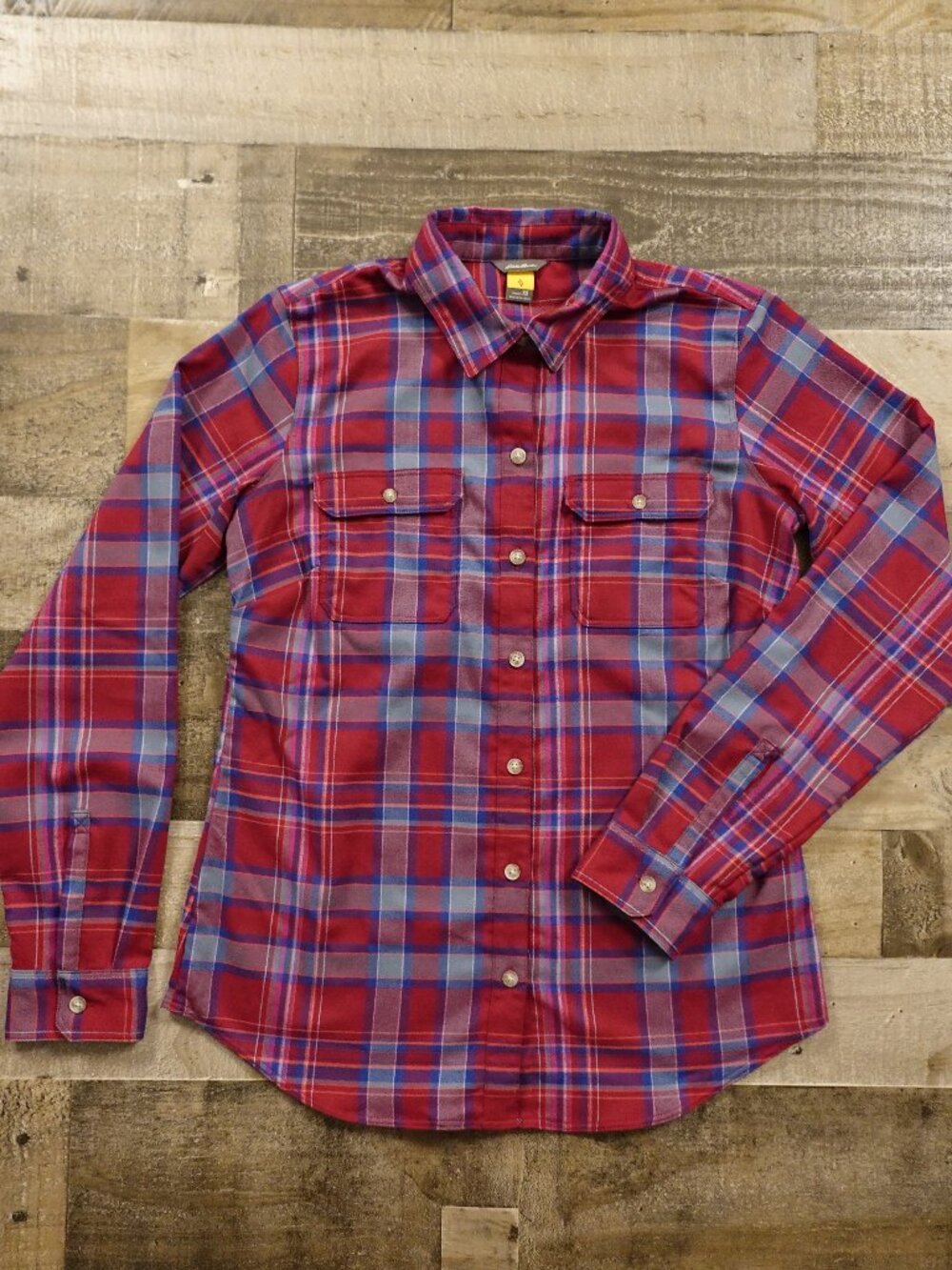 Eddie Bauer Mountain Tech Flannel Shirt Women’s XS Red Blue Plaid Stretch Hiking